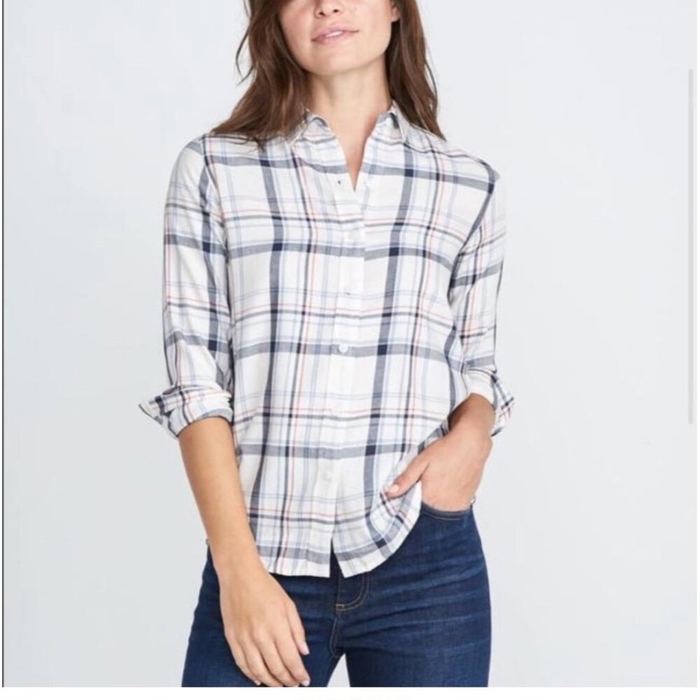 Marine Layer Arden womens Button Down Shirt Cream plaid sz Small long sleeve new